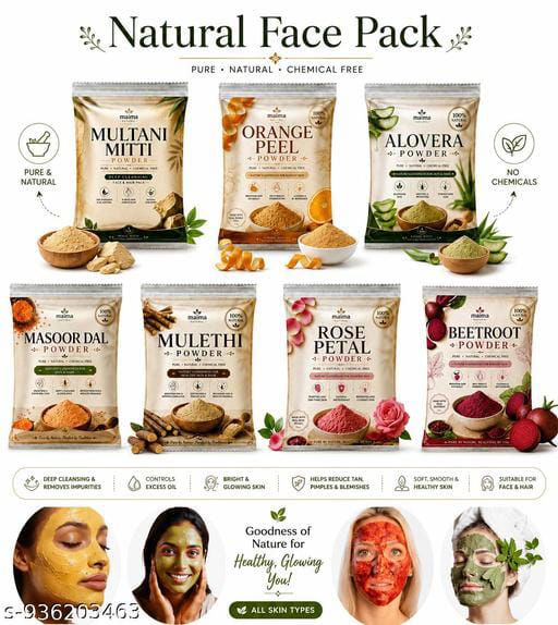 7 Naturals Face Pack Combo – Multani Mitti, Orange Peel, Aloe Vera, Masoor Dal, Mulethi, Rose Petal & Beetroot Powder (50g Each | Total 350g)