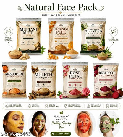 7 Naturals Face Pack Combo – Multani Mitti, Orange Peel, Aloe Vera, Masoor Dal, Mulethi, Rose Petal & Beetroot Powder (50g Each | Total 350g)